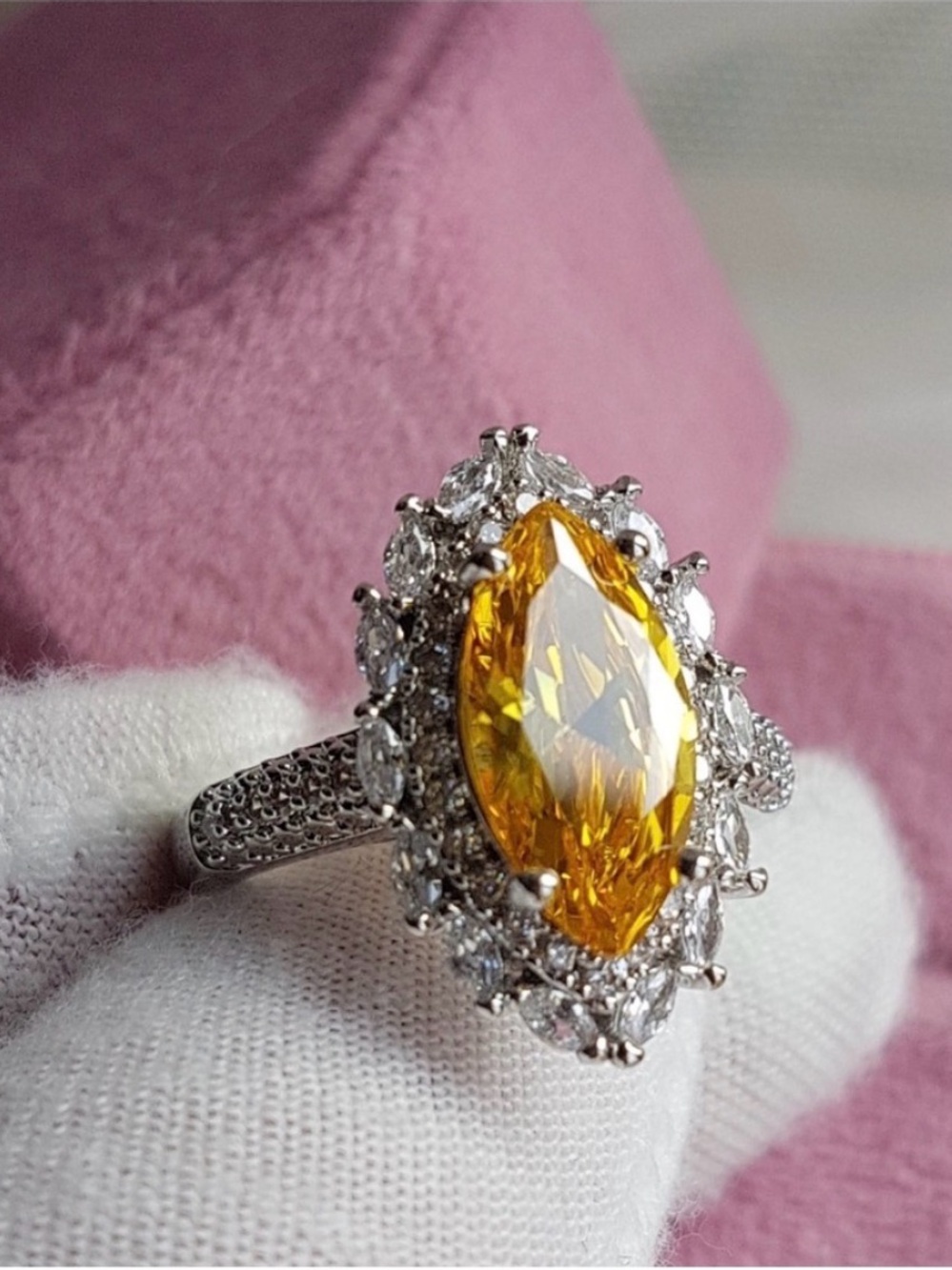 Swarovski Elements 925 Sterling Silver Large Yellow Citrine Marquis Ring NEW